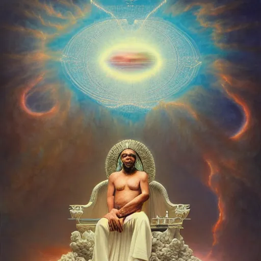 Image similar to obatala the cosmic god sitting on a throne of nebula clouds, by adi granov and Agostino Arrivabene, matte painting, orisha, 8k, hd