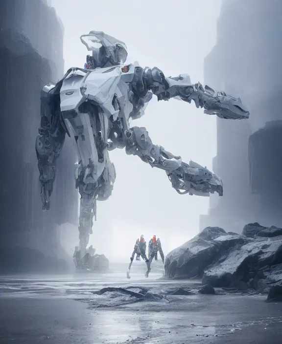 Prompt: surreal romantic prometheus horizontal white mecha building architecture by ruan jia, futuristic blame, white architecture in the beach in iceland, foggy, highly detailed, digital painting, arstation, concept art, hyperealistic octane render, unreal engine