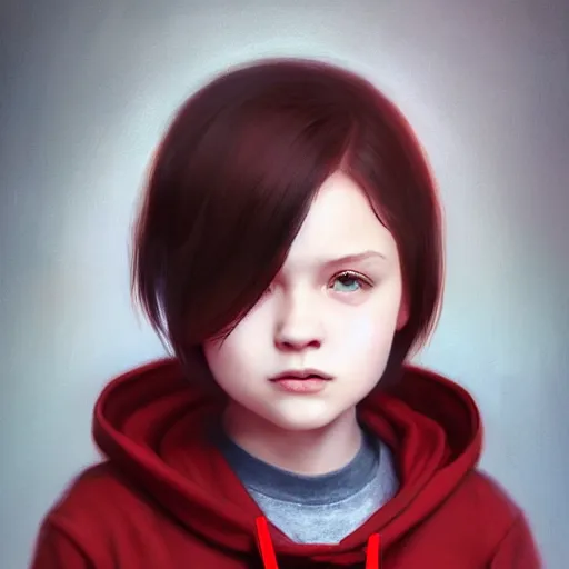 Image similar to a cute tiny girl with short red hair wearing a hoodie, digital art, very beautiful face, pretty face, very detailed eyes, full body illustration, 8 k resolution, soft painting, by greg rutkowski, wlop, rossdraws,