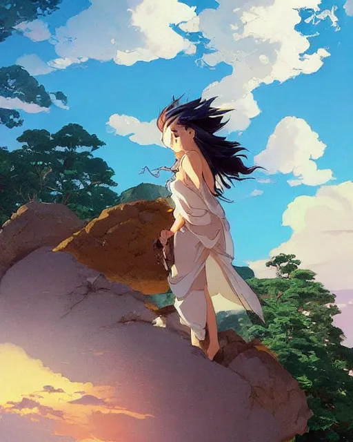 Prompt: a beautiful female anthropomorphic anime eagle warrior standing heroically on a rock. trees. atmospheric lighting, stunning, brave. Eagle girl. by studio ghibli painting, clouds, wide angle , low-angle shot, by Joaquin Sorolla rhads Leyendecker, by Ohara Koson and Thomas Kinkade, traditional Japanese colors, superior quality, masterpiece,trending on artstation, isometric