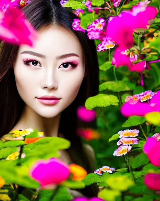 Prompt: an stunning beautiful chinese girl is surrounded by colourful flowers and plants, symmetric face and eyes, upper body face shot, long straight blonde hair, visible face 5 0 mm f 2. 2