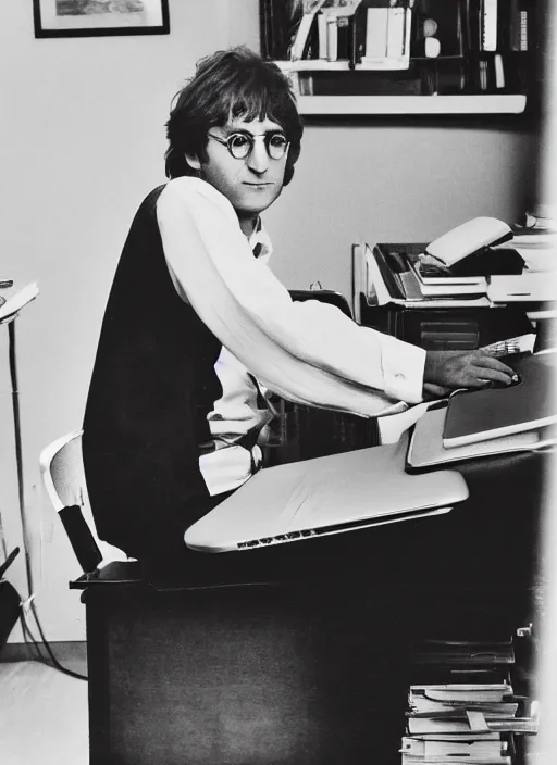 Prompt: john lennon sitting a desk typing on a laptop computer, black and white photo, real, photorealistic