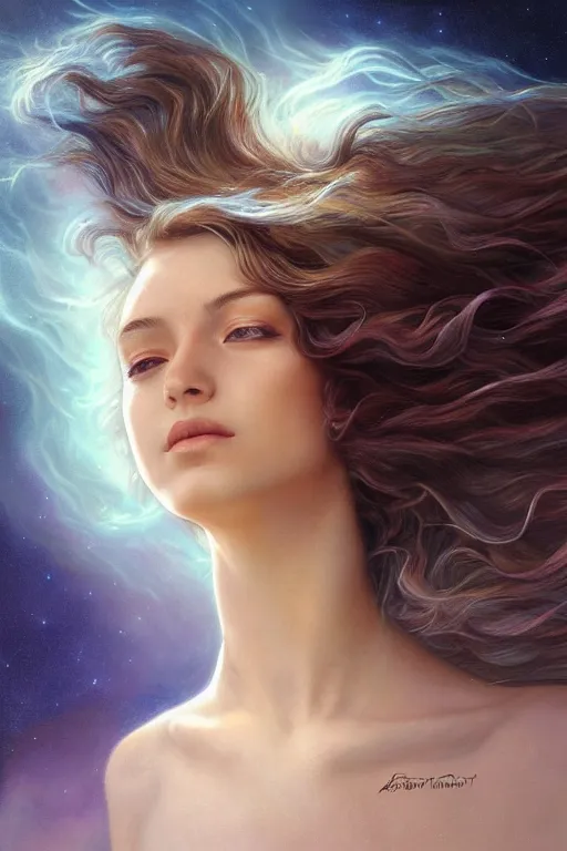Image similar to wind blowing hair!!! meditation! a celestial psychedelic being, dreaming of the void, bust portrait, dnd, fantasy, intricate, elegant, highly detailed, digital painting, artstation, concept art, smooth, sharp focus, illustration, art by artgerm and tom bagshaw and greg rutkowski and alphonse mucha