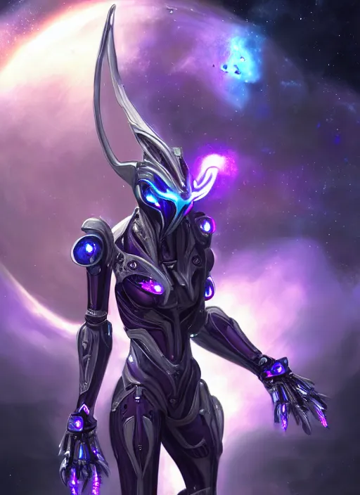 Prompt: cinematic shot, cosmic sized perfectly proportioned stunning beautiful hot female warframe, robot mecha female dragon head, metal ears led eyes, silver armor, fuschia leds, floating in empty space, nebula sized, holding a galaxy, epic proportions, epic size, epic scale, furry art, dragon art, giantess art, warframe fanart, furaffinity, deviantart