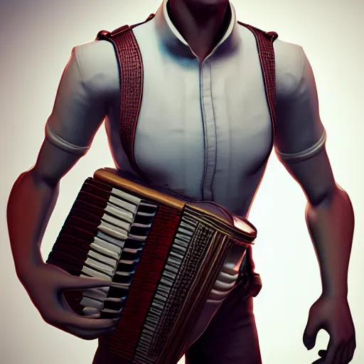 Image similar to Unreal Engine render of a man with a long accordion-neck, character design