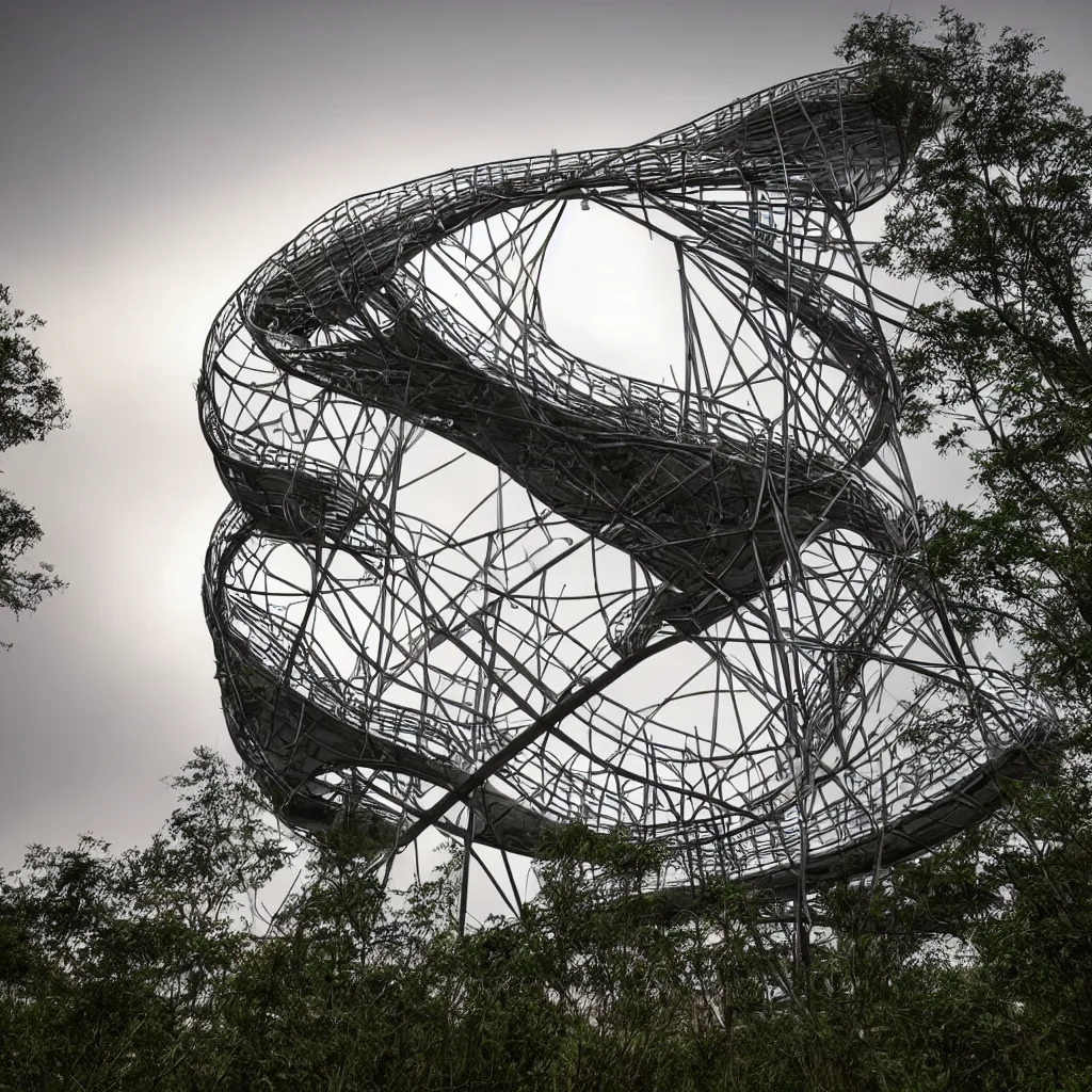 Image similar to hyper realistic, very high helix shaped observation tower made by metal in forest, wide angle shot, future design, extremely realistic, architecture design, parametric architecture, environment, sunset, foggy, cinematography, mega scans, cinematic, hyper realistic, photo real, cinematic composition, highly detailed,