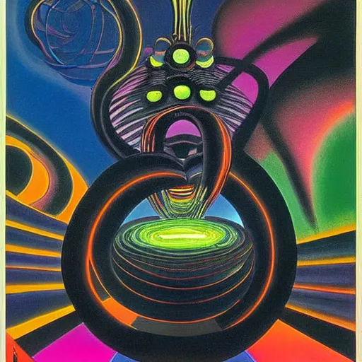 Image similar to dark black void filled with neon energy, extremely detailed masterpiece by dr. seuss and max ernst