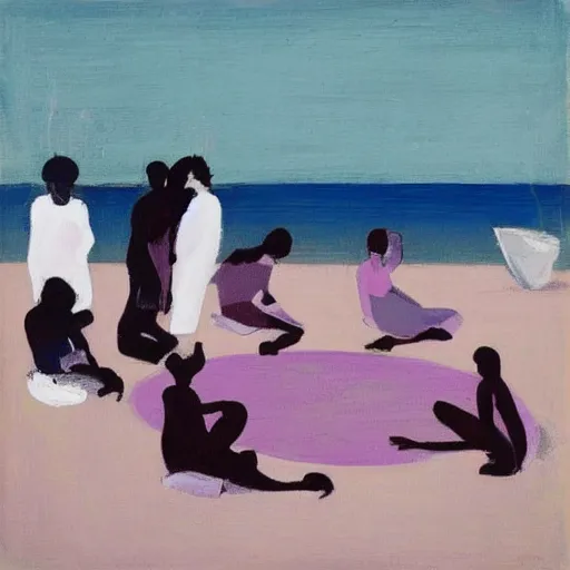 Image similar to A beautiful computer art of a group of people on a beach. The colors are muted and the overall tone is serene. The people are all engaged in different activities, from reading to playing games, and the artwork seems to be capturing a moment of peace and relaxation. pale violet, Aztec by Robert Motherwell, by Kitty Lange Kielland jaunty