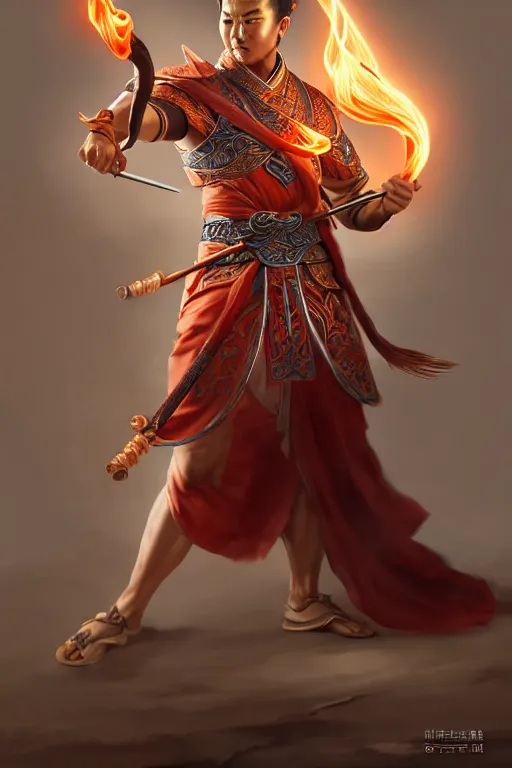 Image similar to handsome nezha, highly detailed, man holding spear, flame everywhere, epic pose, masterpiece chinese fantasy character portrait, highly detailed, digital painting, trending on artstation, concept art, sharp focus, illustration, global illumination, ray tracing, realistic shaded, art by artgerm and greg rutkowski and fuji choko and viktoria gavrilenko and hoang lap