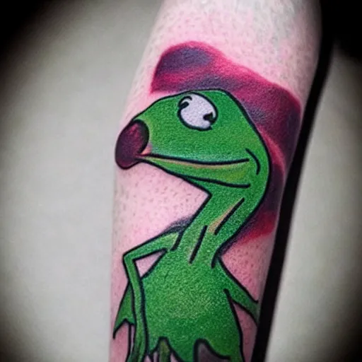 Image similar to tattoo of kermit the frog from sesame street with joker makeup