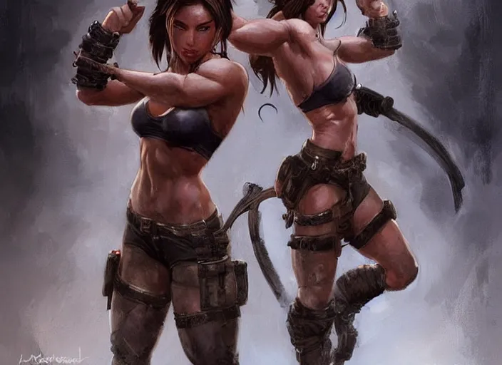 Image similar to portrait of lara croft as a beautiful female bodybuilder demon with plump lips, elegant, fantasy, hd shot, digital portrait, beautiful, artstation, comic style, by artgerm, guy denning, jakub rozalski, magali villeneuve and charlie bowater