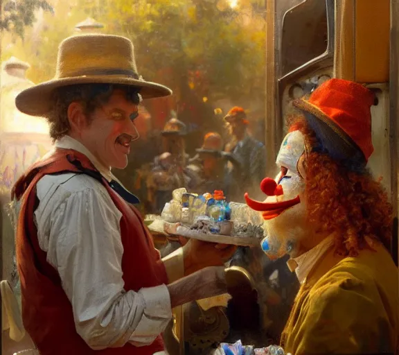 Prompt: a clown selling goodies on the train, highly detailed painting by gaston bussiere, craig mullins, j. c. leyendecker 8 k