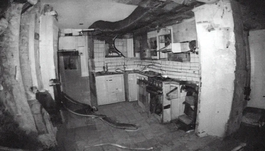 Prompt: a gigantic snake eating an old skinny man in a stalinist style kitchen, mini dv camera found footage, very very low quality picture, heavy grain, caught on security camera, heavy jpeg artifact, night vision very blurry, caught on trail cam, 1 4 4 p, ultra wide lens