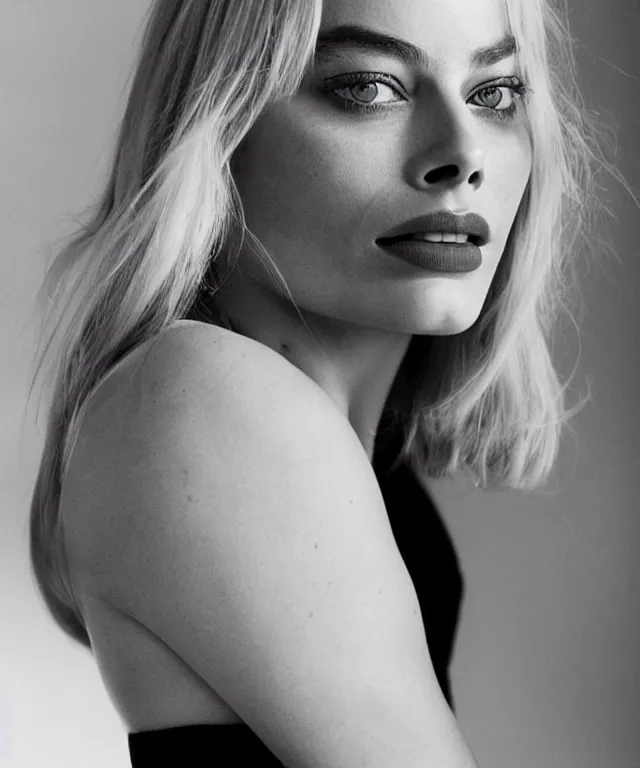 Image similar to a color photograph of margot robbie, by bernd & hilla becher, platinum blond, intense, bold, exaggerated, ultra sharp, extra details, ultra high quality, trending on pinteresst