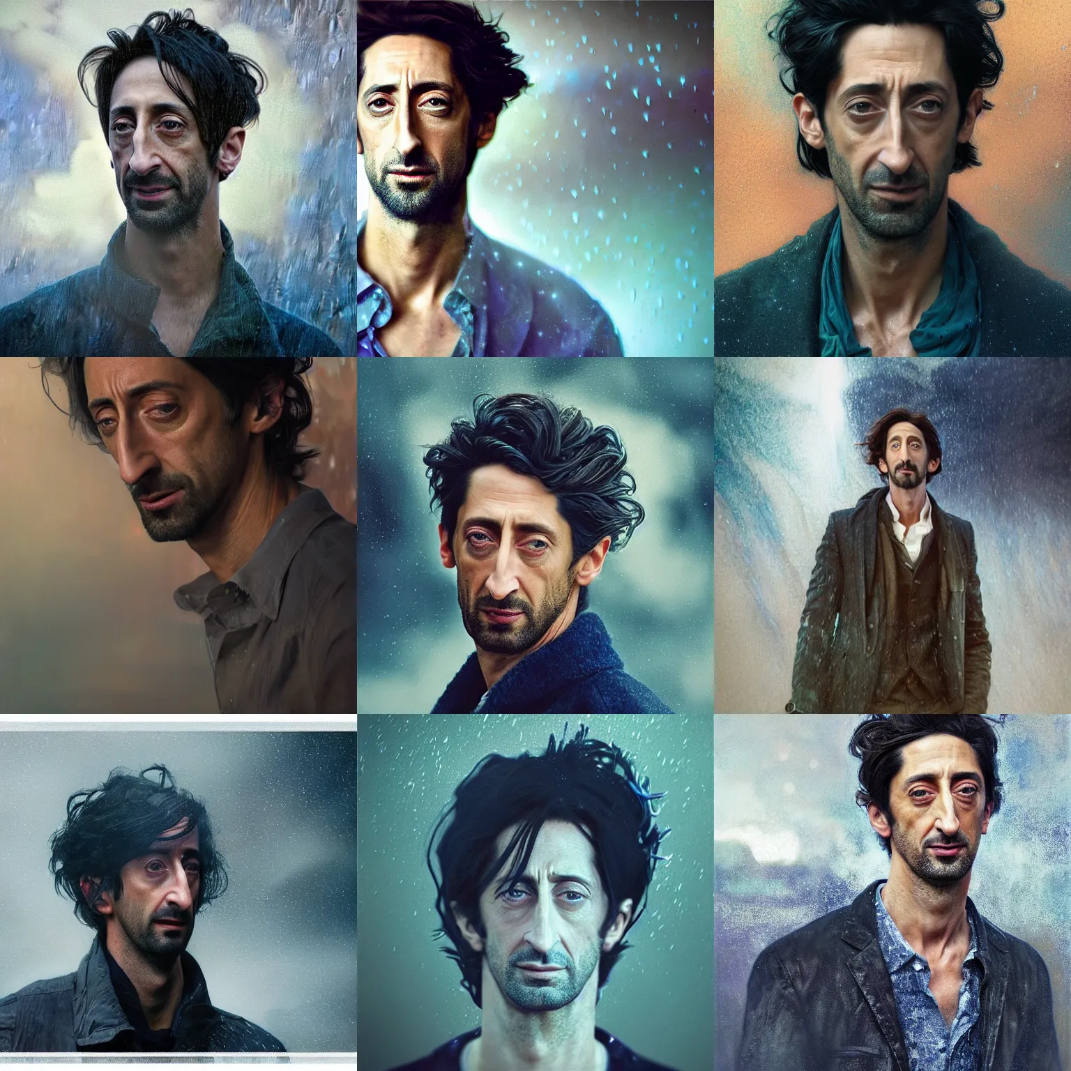 Prompt: hyperrealist distant portrait of adrien brody in blue planet where it rains ashes by jeremy mann and alphonse mucha, fantasy, photorealistic, octane render, unreal engine, dynamic lighting, bet face, handsome man, beautiful,, cute, perfect factions, perfect man, trending on artstation, poster, volumetric lighting, very detailed faces, 4 k, award winning