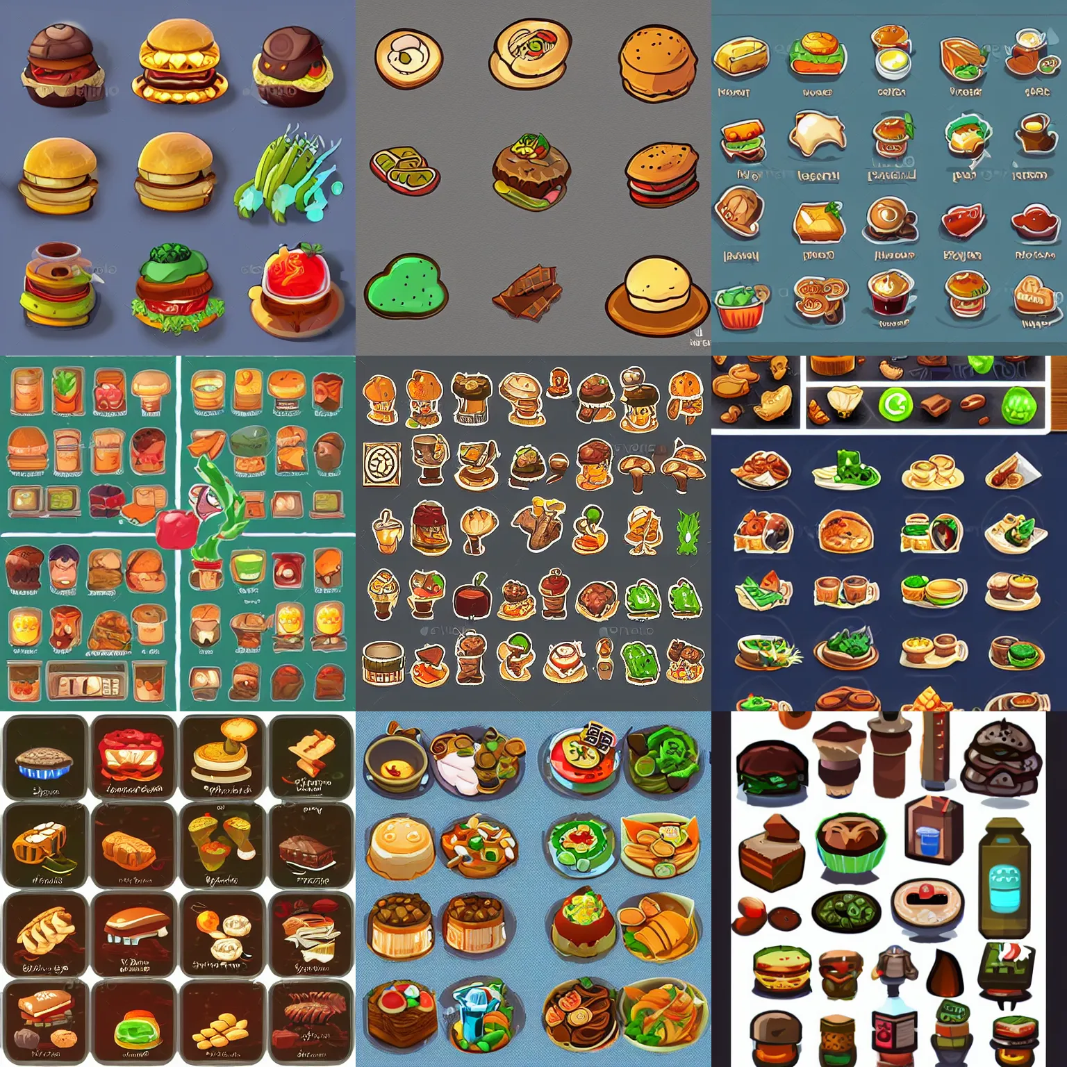 Prompt: collection of ui food icon sprites, rpg, game dev art