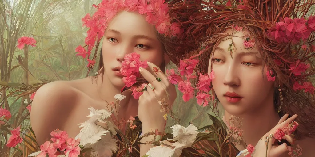 Image similar to breathtaking detailed concept art painting of the goddess of flamingo, orthodox saint, with anxious, piercing eyes, clean background, amalgamation of leaves and flowers, by Hsiao-Ron Cheng and John James Audubon, extremely moody lighting, 8K