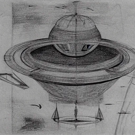 Image similar to vintage, detailed, pencil sketch of ufo! construction, all parts, with full descriptions, on old parchment, by leonardo da vinci!