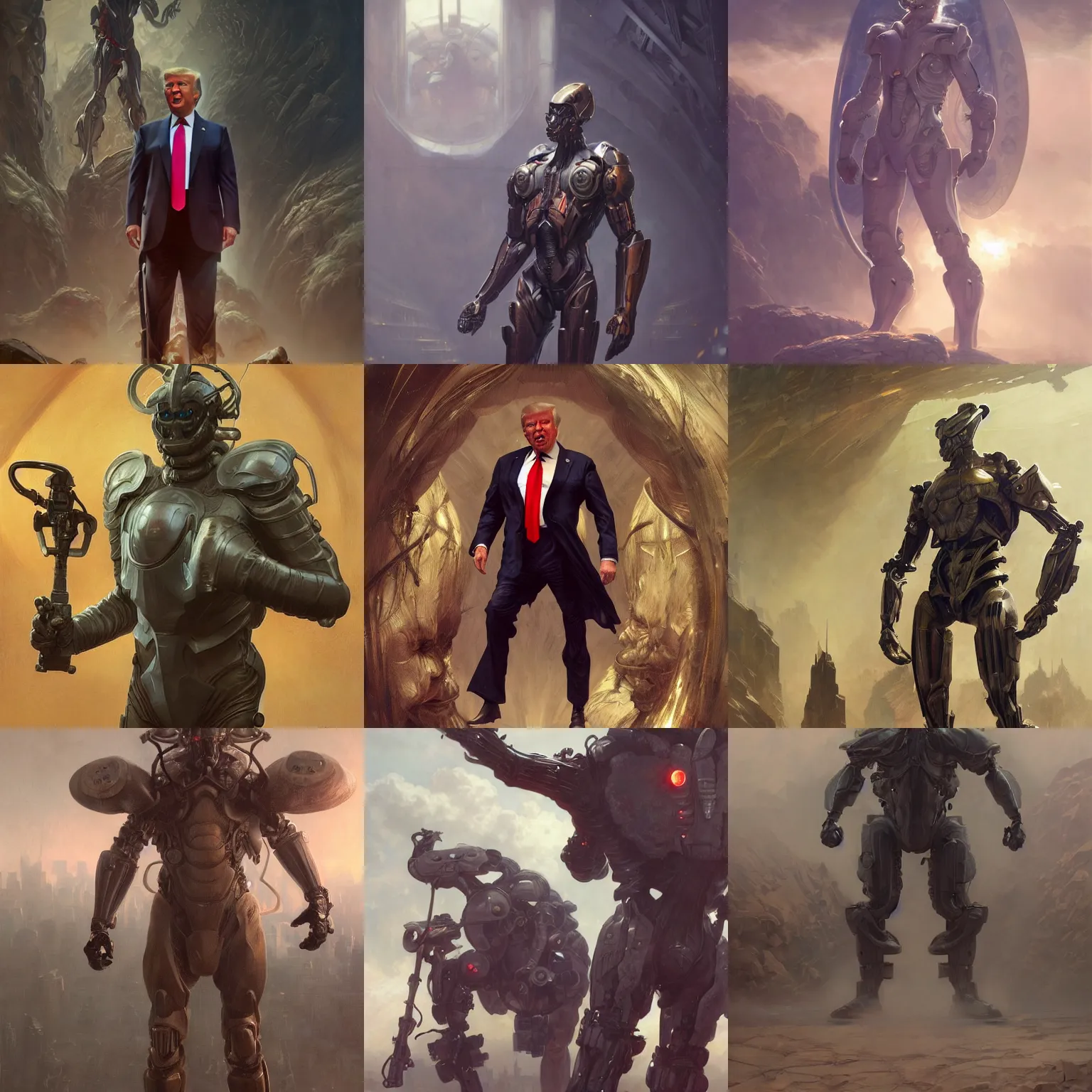 Prompt: donald trump in a exoskeleton suit, highly detailed, digital painting, matte, sharp focus, art by wlop, greg rutkowski, alphonse mucha, frank frzetta, boris vallejo, bouguereau, beksinski, cinematic, octane render