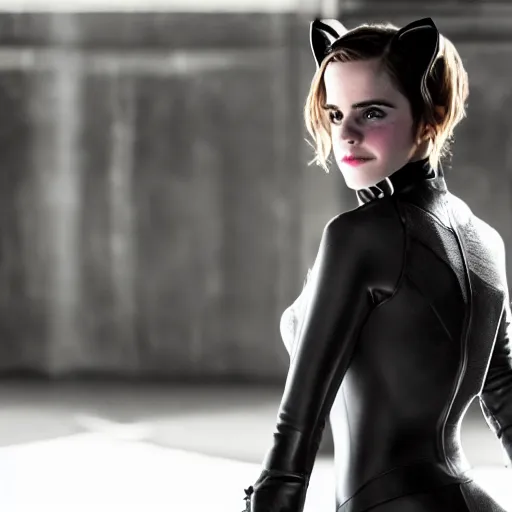 Prompt: Emma Watson as Catwoman, XF IQ4, 150MP, 50mm, f/1.4, ISO 200, 1/160s, natural light, Adobe Lightroom, photolab, Affinity Photo, PhotoDirector 365, filling the frame, rule of thirds, symmetrical balance, depth layering, headroom