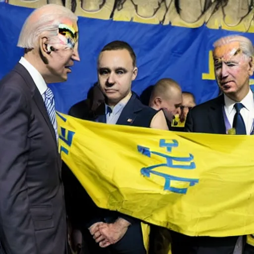 Image similar to Joe Biden is with the azov battalion in Ukraine War holding a ukrainian flag