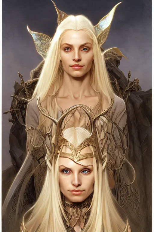 Image similar to portrait of an old blonde elven mage, dark, piercing eyes, gentle expression, elegant clothing, photorealistic, highly detailed, artstation, smooth, sharp focus, art by michael whelan, artgerm, greg rutkowski and alphonse mucha