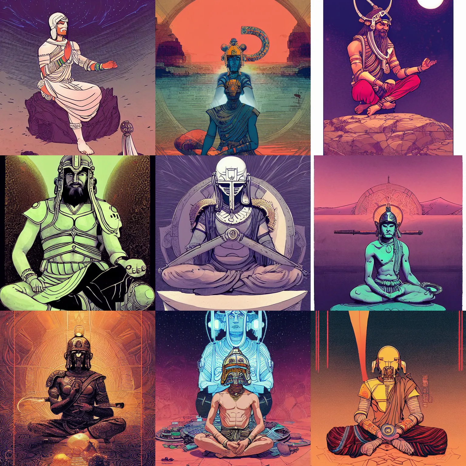 Prompt: saddhu with a spartan helmet meditating, by borderlands and by feng zhu and loish and laurie greasley, victo ngai, andreas rocha, john harris