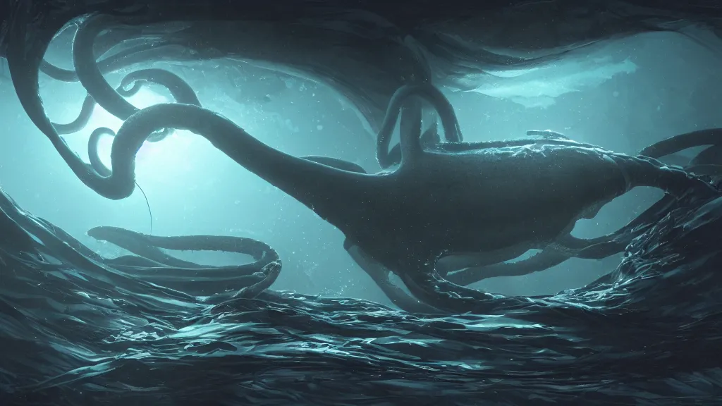 Prompt: a photorealistic hyperrealistic underwater render of a giant squid wraps it ’ s tentacles around a deep sea submersible with bright headlights by greg rutkowski, james paick, wlop, nicolas bouvier sparth, stephan martiniere, dramatic moody lighting, underwater caustics, volumetric, light rays, cinematic atmosphere, octane render, artstation, 8 k