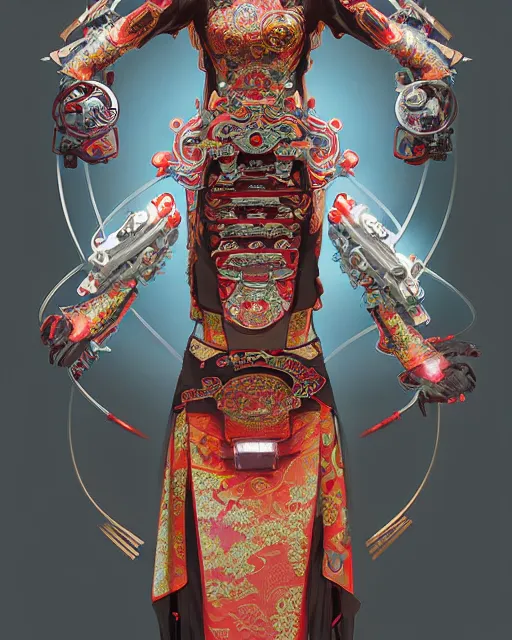 Image similar to portrait of a chinese cyberpunk machine, machine face, arms, upper half portrait, decorated with chinese opera motifs, regal, asian, fine china, wuxia, traditional chinese art intricate intense elegant 京 剧 highly detailed digital painting artstation concept art smooth sharp focus illustration, art by artgerm and greg rutkowski alphonse mucha 8 k