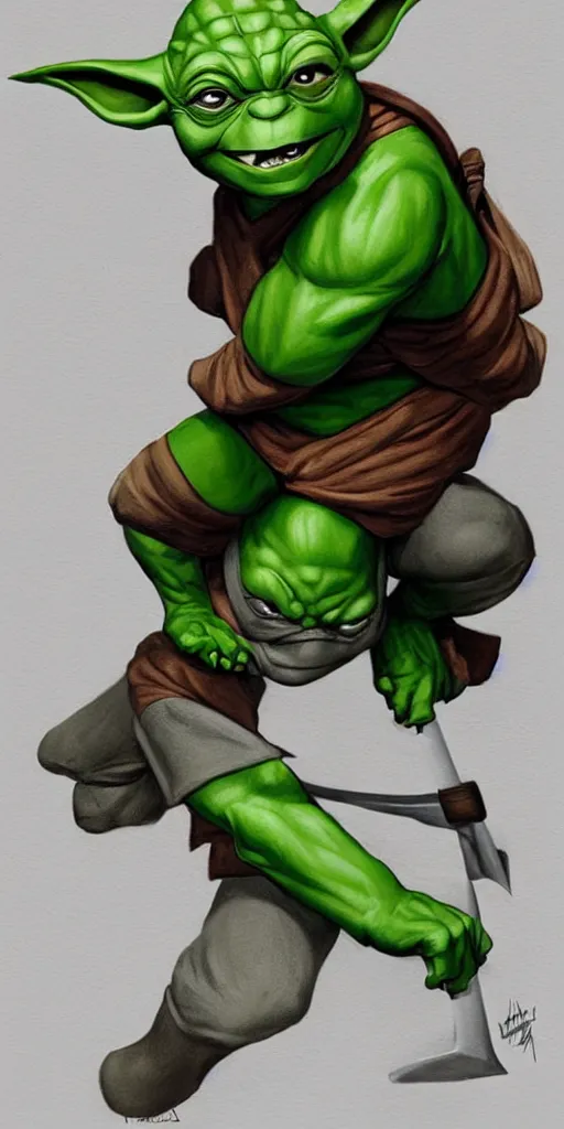 Prompt: teenage mutant ninja yoda, alex ross, micheal netzer, art, illustration, artstation trending, heroic,