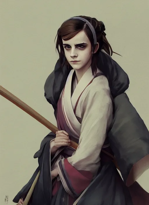 Image similar to emma watson as nezuko from demon slayer ねずこ wearing kimono wrapped mouth by artgem by greg rutkowski trending on artstation