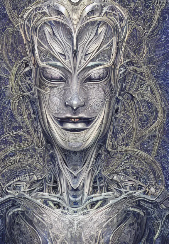 Prompt: perfectly centered symmetrical portrait, front view of a beautiful biomechanical android alien robot buddha, female, flowing hair, intense stare, sarcastic smile, concept art, intricate detail, volumetric shadows and lighting, realistic oil painting by alex grey and gustave dore,