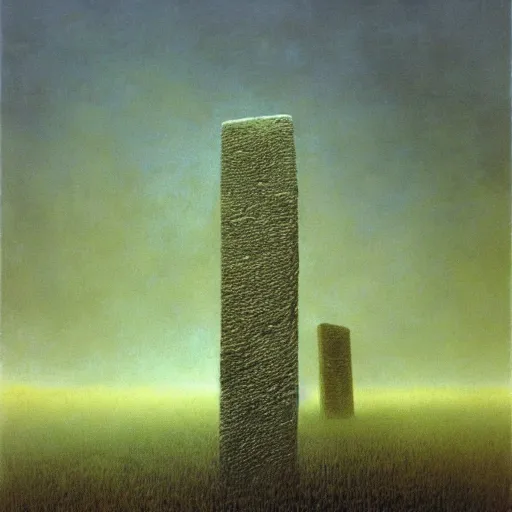 Prompt: arm reaching out of thick fog, field of stelae in the sky, zdzislaw beksinski