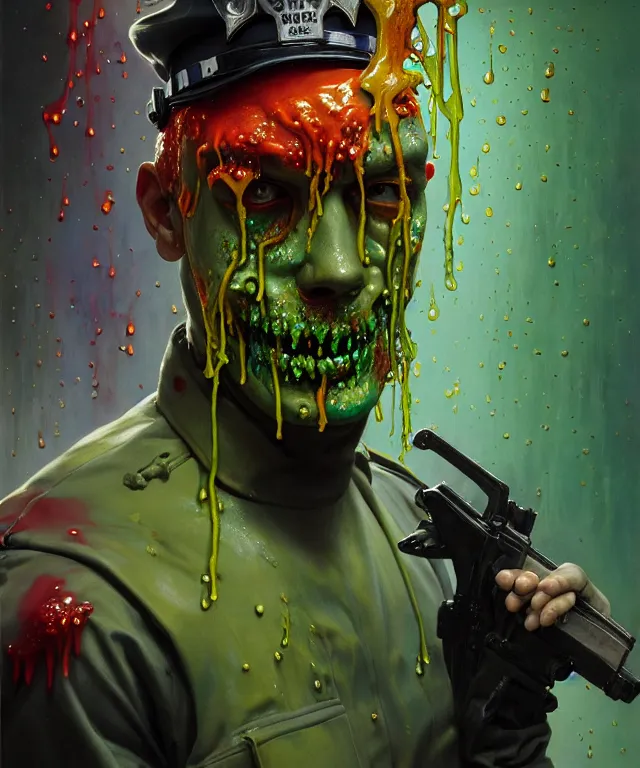Image similar to painting of a slimy zombie cop dripping with slime and colorful goop by edgar maxence and rhads and leyendecker. los angeles police force, realistic police costume, award - winning digital art on pixiv, trending on artstation, cinematic lighting, dramatic lighting, stunning and beautiful scenery - highly detailed, hyperrealistic, unreal engine 5