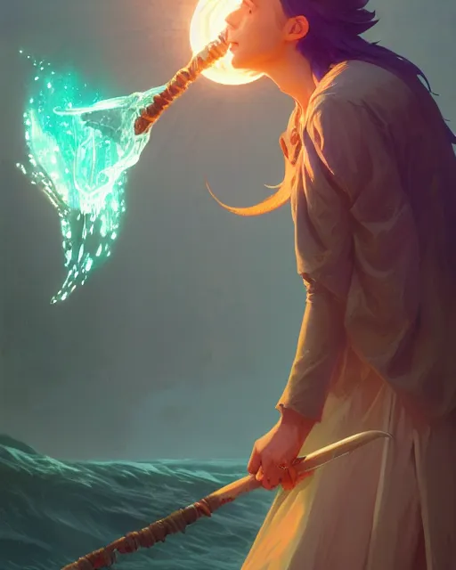 Image similar to highly detailed vfx portrait of a mage casting a water spell, unreal engine, greg rutkowski, loish, rhads, beeple, makoto shinkai and lois van baarle, ilya kuvshinov, rossdraws, tom bagshaw, alphonse mucha, global illumination, detailed and intricate environment