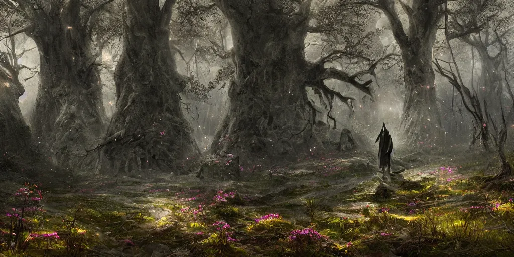 Prompt: a mystical monolithic neoclassical ruined tower and a dark wizard of old walking through an open field with his staff in a beautiful forest of ancient neurons and pink and yellow glowing synapses runnig through the forest, huge incredibly immense trees, highly detailed, hyperrealism, cgsociety, 8k, ancient forest, misty forest, realistic painting, sharp image, hyper realistic art, cinematic, art by konstantin razumov, chiaroscuro