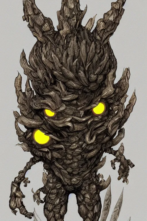 Image similar to a humanoid figure acorn monster with large glowing eyes, highly detailed, digital art, sharp focus, trending on art station, oak leaves, anime art style