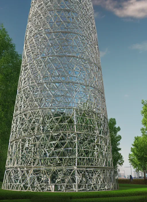 Image similar to highly detailed realistic architecture 3 d render of a spiral stele shukhov tower standing in a city park, archdaily, made in unreal engine 4 octane render