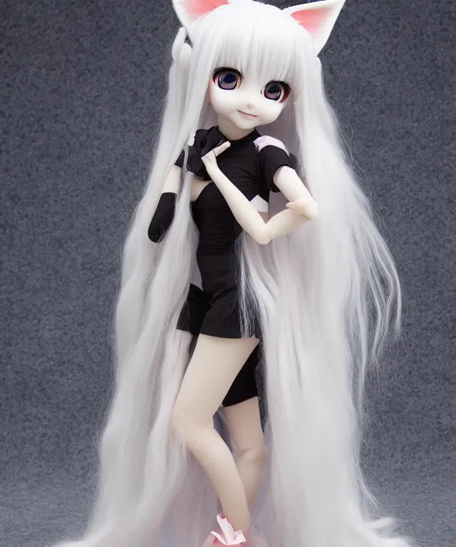 Image similar to full body cute adorable young anime kitsune with white curly hair, style of neytrix, lifesize doll, creepy