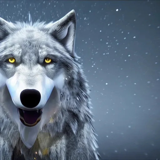 Image similar to a giant grey wolf with a white main and two unicorn horns on its head, a white star shape on his four head, yellow eyes, beautiful, ultra realistic, great wolf, unreal engine 5, dynamic lighting, highly detailed, lightning around