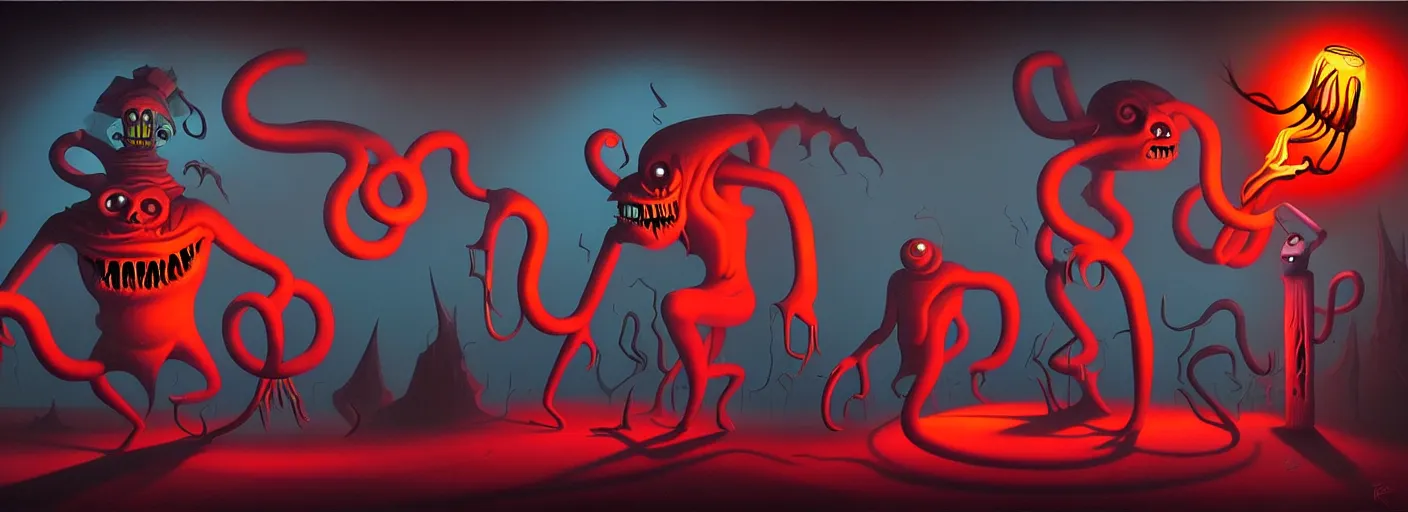 Image similar to uncanny monsters from the depths of the collective unconscious, dramatic lighting, surreal dark 1 9 3 0 s fleischer cartoon characters, surreal painting by ronny khalil