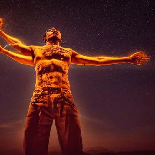 Image similar to A handsome Peruvian god floating with his arms up, his eyes glowing yellow, casually dressed, his whole body glowing blue ominously. Shot from below, photorealistic, ominous and apocalyptic dark sky.