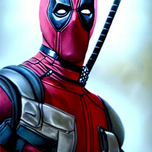 Image similar to deadpool character wearing white!!!, hyperrealistic, highly detailed, cinematic, volumetric sunlight, beautiful, cgssociety, artstation, 8 k, oil painting by greg rutkowski, by artgerm, by wlop