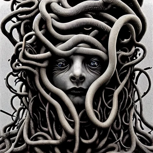 Prompt: very sad medusa, crying, tubular creature, blood vesels, no face, dystopian surrealism, art style alex ries giger, zdzisław beksinski, symmetry accurate features, very intricate details, high resolution, 4 k, intricate, sharp