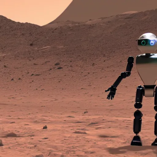 Prompt: realistic robot android on mars, death's door, alone, apocalypse, low power, realistic light and shadow effects