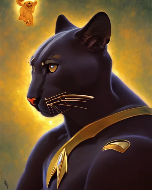 Image similar to painting of anthromorphic male panther in starfleet uniform, star trek, zootopia, fursona, furaffinity, 4 k, deviantart, furry art, very expressive detailed face, gaston bussiere, craig mullins, jc leyendecker, gustav klimt, artgerm, greg rutkowski, alphonse mucha