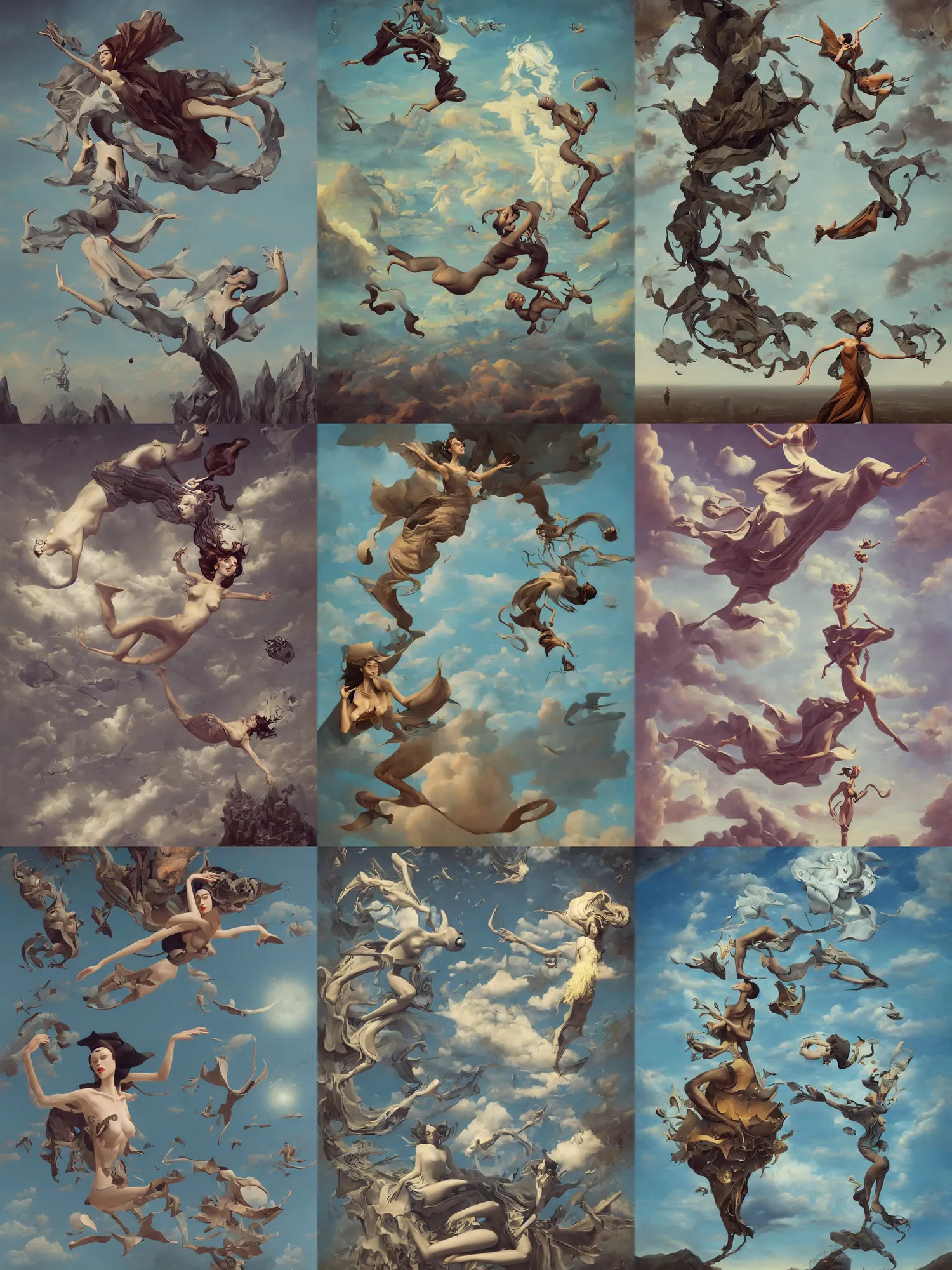 Prompt: beautiful woman hovering straight up in the air, surrealist, dada, by peter mohrbacher, by max ernst, by leonora carrington, by james jean, octane renderer, 8 k