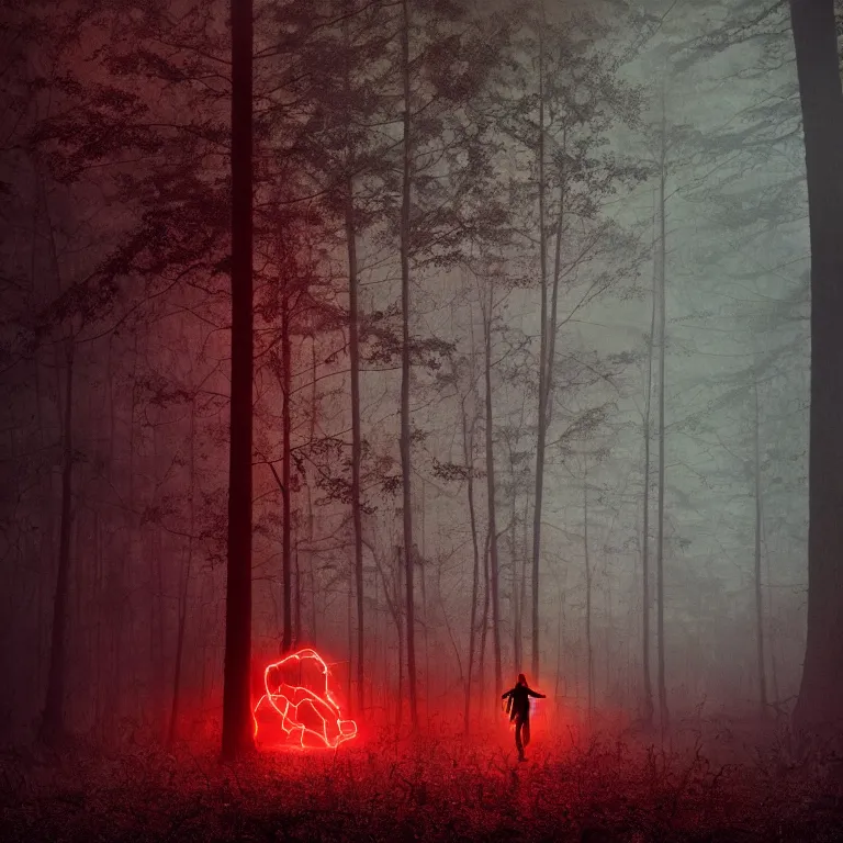 Prompt: A photograph of a unreal Monster, centred on the image, inspired by Stranger Things, in a forest, at night, red stormy sky, red lightning, horror, in a parallel dimension, realistic image, octane render, unreal engine 5, photograph by Joshua Hoffine, stunning photography, trending on artstation,
