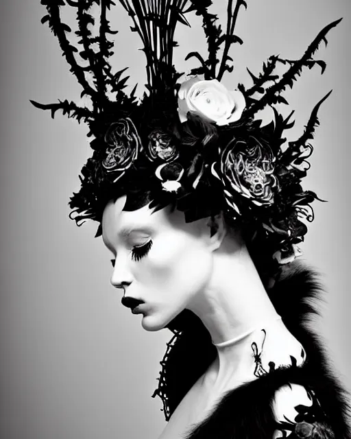 Image similar to surreal dark poetic black and white photo portrait of complex bio-mechanical beautiful young silver female-vegetal-cyborg with a fur metal fine lace face, a very long neck and a fine metal floral foliage super big gothic lace collar and very high big floral crown with many black dry roses by Vivienne Westwood:: smoke, high fashion, haute couture, rococo, avant-garde, silver filigree details, anatomical, facial muscles, cable wires, microchip, elegant, dreamy, foggy atmosphere, hyper realistic, 150 mm lens, soft rim light, octane render, unreal engine, picture was taken in 1910 by Man Ray, volumetric lighting, dramatic light,8k,