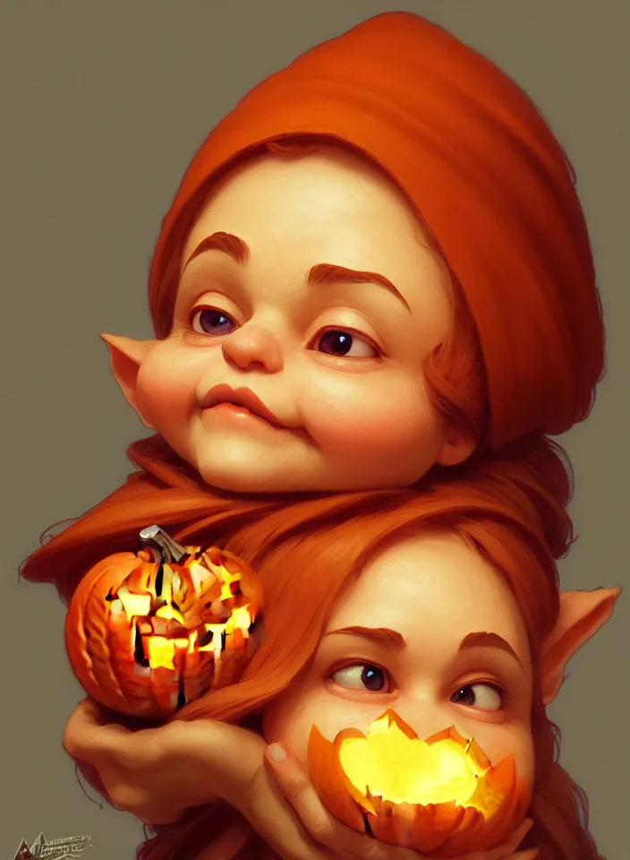 Image similar to hand drawn cute one gnomes face in autumn and pumpkin, detailed closeup face, concept art, low angle, high detail, warm lighting, volumetric, godrays, vivid, beautiful, trending on artstation, art by artgerm and greg rutkowski and alphonse mucha